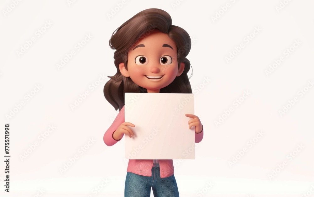3D cartoon girl character holding blank paper on sign. 3D display. Advertisement illustrations 3D cartoon girl character holding blank paper on sign. 3D display. Advertisement illustrations