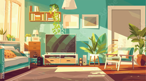 Living room with tv furniture workspace 2d flat car