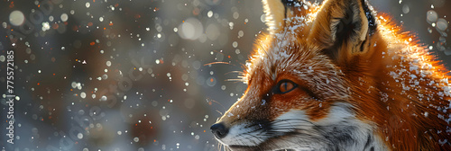 Orange Fox Peeking out of Snow in Low Sun,
Beautiful vulpes fox against the backdrop of a snowy winter forest with a bushy tail hunting in the
 photo