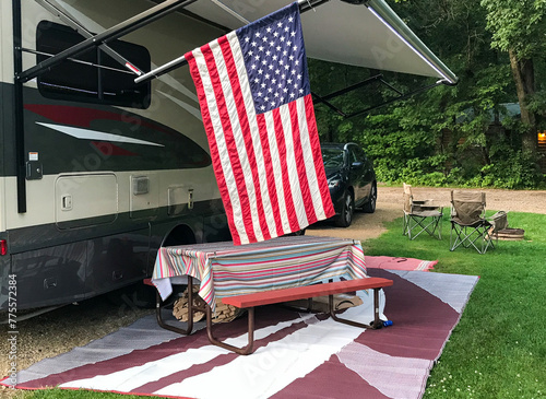 RV camping with American Flag