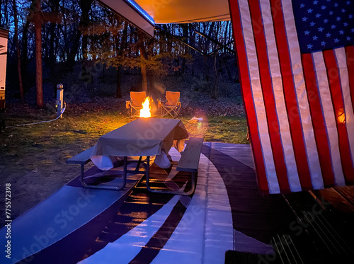RV camping with American Flag