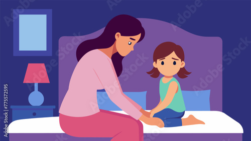 A worried mother sits on the edge of her daughters bed her hand resting gently on the girls back as she softly sings a lullaby to ease her
