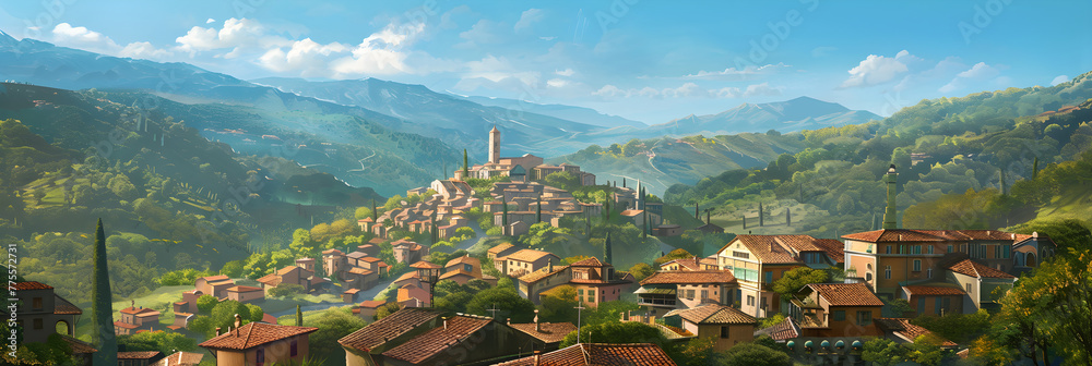 Serenely Beautiful: Rustic town nestled in the Heart of Verdant Mountains under Blue Sky