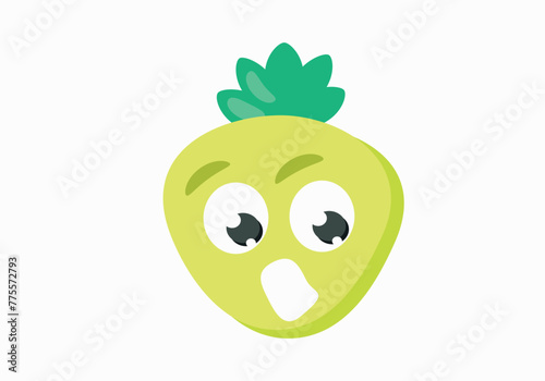 of a green unripe strawberry on a white background surprised