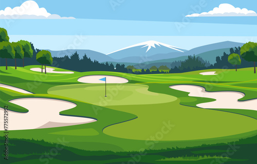 Flat Design of Green Golf Field Course with Mountain View in Bright Day