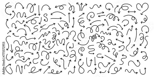 Set of black  hand drawn  doodle spiral arrows.