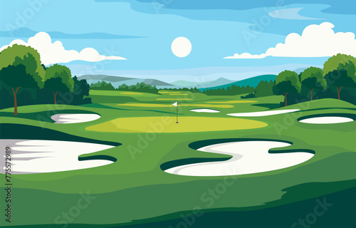 Flat Design of Green Golf Field Course with Mountain View in Bright Day