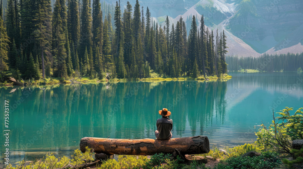 Traveler sitting on a log bench and looking to a beautiful lake, a forest and mountains