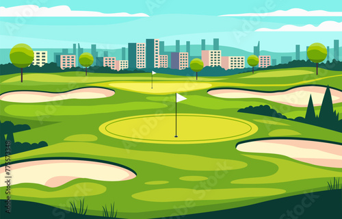 Fototapeta Naklejka Na Ścianę i Meble -  Flat Design of Green Golf Field Course with Cityscape in Bright Day