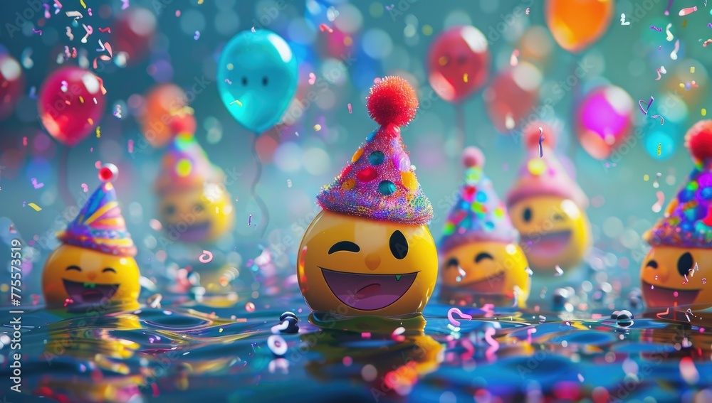 Yellow-faced toys wearing birthday hats and holding balloons, happy yellow-faced toys wish you a happy birthday