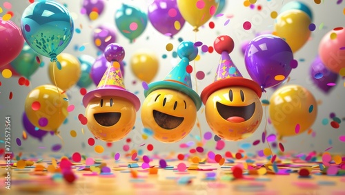 Yellow-faced toys wearing birthday hats and holding balloons, happy yellow-faced toys wish you a happy birthday