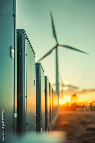 Close-up of innovative battery technologies against a backdrop of wind turbines, synergy between renewable energy sources and storage solutions in a power system. photo