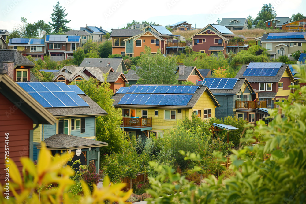 Homes powered by renewable sources, efficient energy storage solutions for a sustainable future. Solar panels.