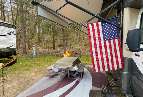 RV camping with American Flag