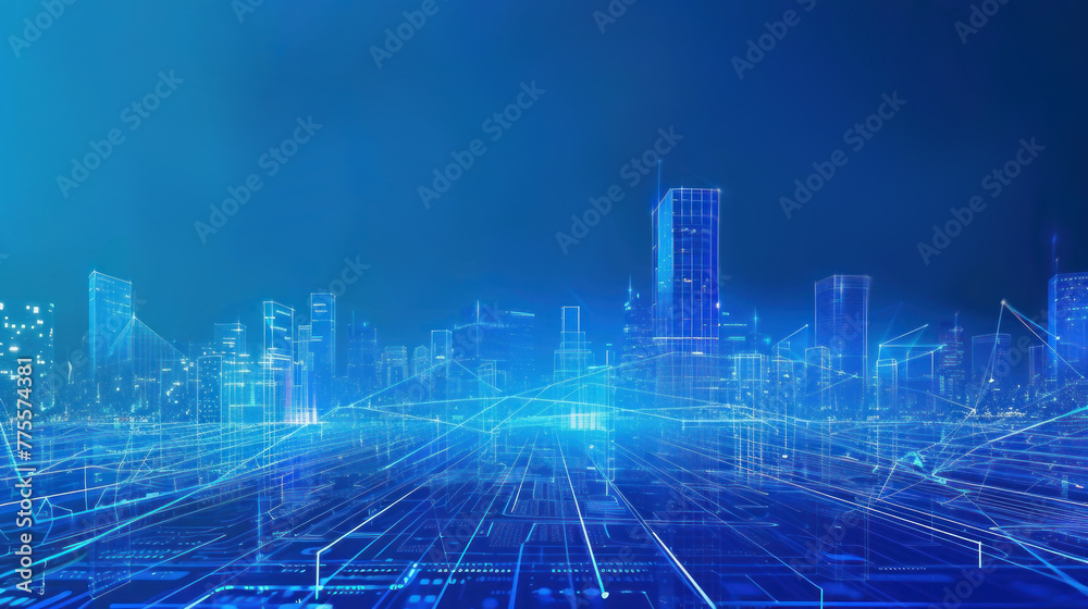 A blue digital cityscape with skyscrapers and holographic data visualizations background, representing the future of urban technology and connectivity