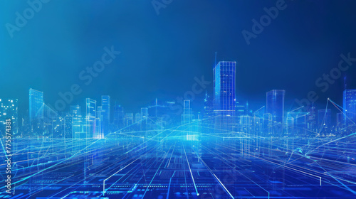 A blue digital cityscape with skyscrapers and holographic data visualizations background  representing the future of urban technology and connectivity