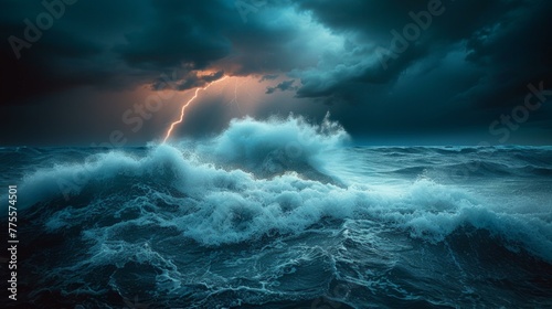 A night storm raging over the ocean, depicted with menacing giant waves and striking lightning illuminating the scene. The artwork captures the formidable power of nature, AI Generative