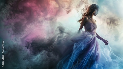 A woman is wearing a dress, the skirt is composed of smoke like the color of the Northern Lights, dazzling and soft like feathers, the whole is full of beauty, large portrait, AI Generative