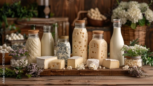 A spread of various dairy delights  including milk  cheese  and kefir  set against a rustic backdrop  AI Generative