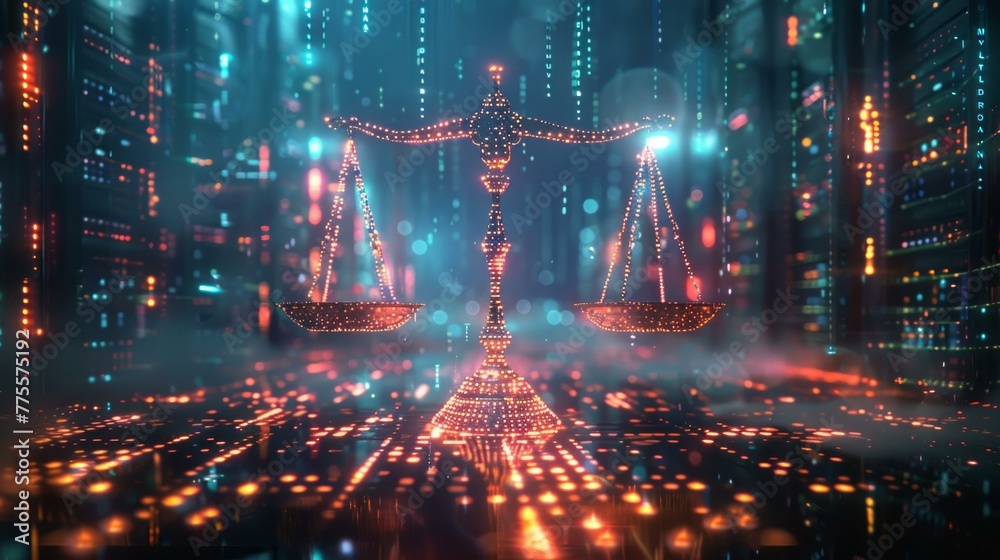 Law scales gleaming with ethereal light, vast futuristic data center, pulsating with energy, enigmatic shadows cast, foreboding digital realm ambiance, stark contrast illumination, AI Generative