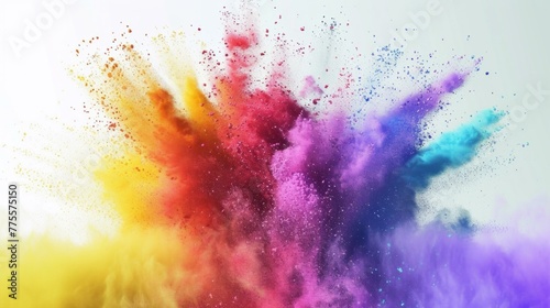 Hyper-realistic visualization of a rainbow-colored Holi powder explosion, with each color sharply defined against a stark white background, AI Generative