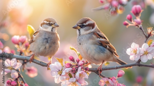 humorous sparrow chicks, nestled in apple blossoms, vibrant spring garden, joyful, vivid colors, warm sunlight, AI Generative © sorapop