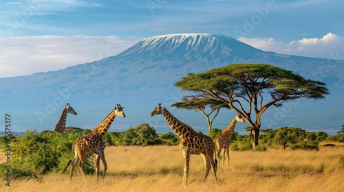 Three giraffes gracefully standing with the majestic Mount Kilimanjaro in the backdrop  the iconic African landscape bathed in the golden light of dawn  AI Generative