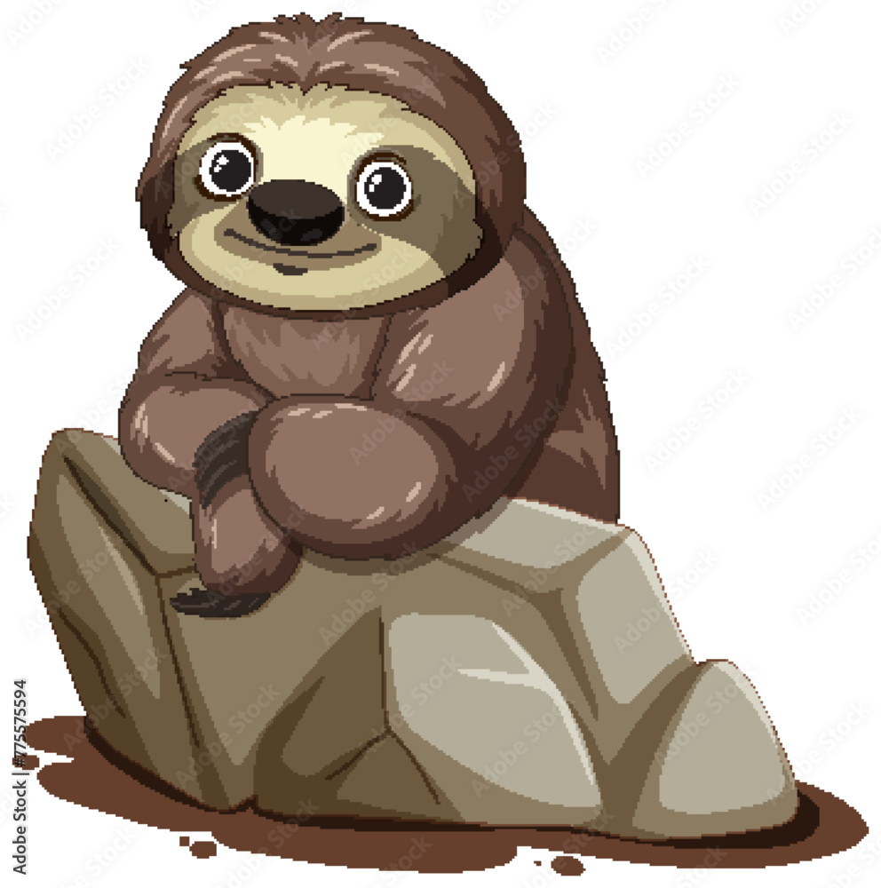 Naklejka premium Cute cartoon sloth sitting peacefully on a stone.