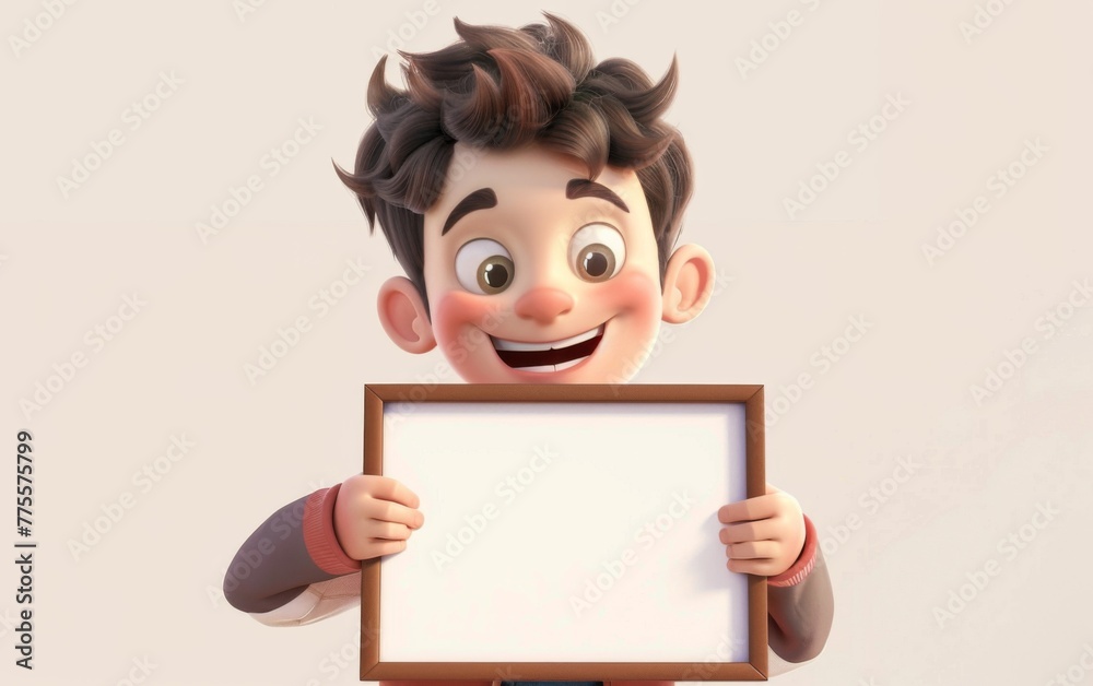 Cartoon boy character holding a blank sheet of paper on a board. 3D display. Advertisement illustrations. Cartoon boy character holding a blank sheet of paper on a board. 3D display. Advertisement illustrations.