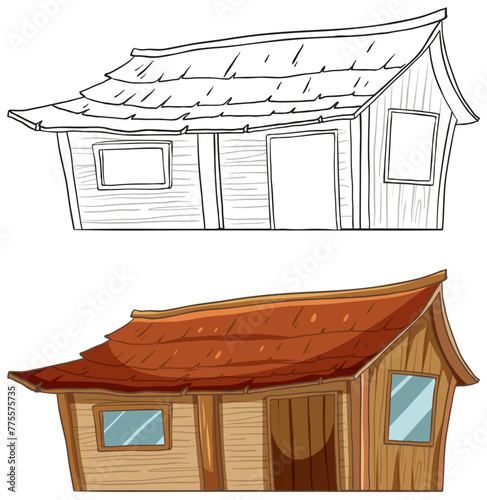 Two styles of wooden cabins, one colored, one sketched.