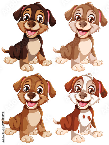 Four cute cartoon puppies with different markings. © blueringmedia