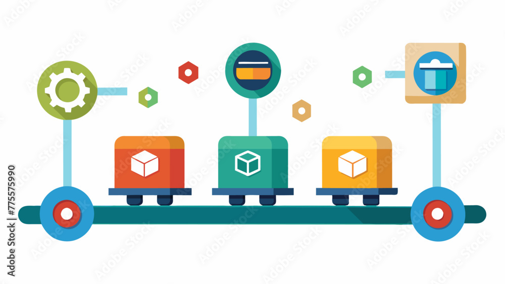 A conveyor belt brings in boxes labeled with different logos representing the diverse origins of the data within. As they move along the belt A conveyor belt brings in boxes labeled with different logos representing the diverse origins of the data within. As they move along the belt