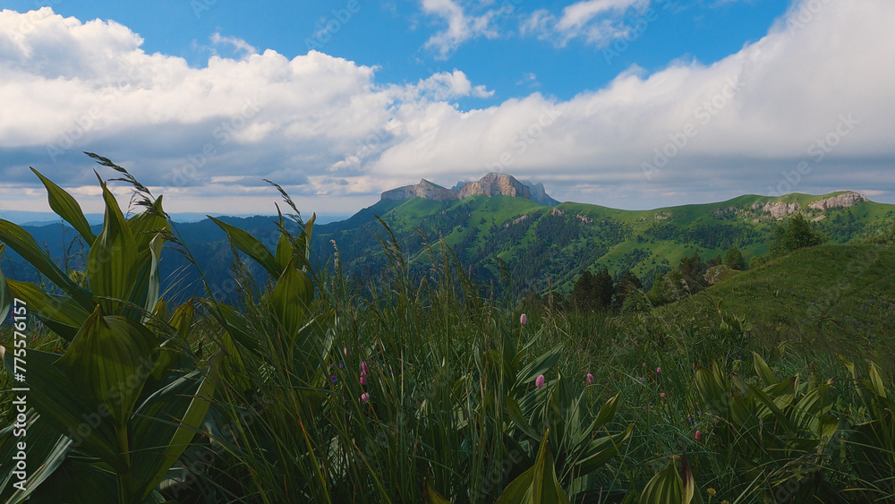 A captivating view of Bolshoi Tkhach, a peak of the West Caucasus mountain range in Russia. The scenic beauty of the natural geographical feature is truly breathtaking. A captivating view of Bolshoi Tkhach, a peak of the West Caucasus mountain range in Russia. The scenic beauty of the natural geographical feature is truly breathtaking.