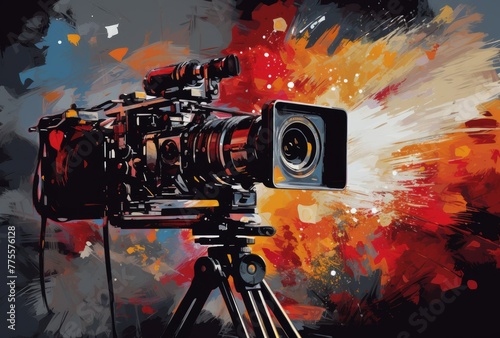 A movie camera on a colored film background photo