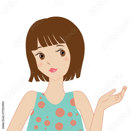 The short hair girl opens her hands, a vintage, retro illustration cartoon on a white background