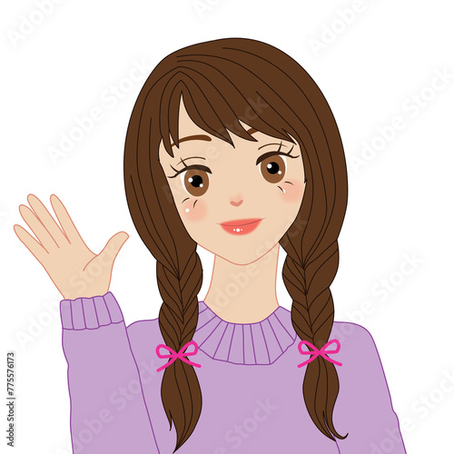 The braided girl gesticulate, waves her arm, retro vintage illustration cartoon on a white background