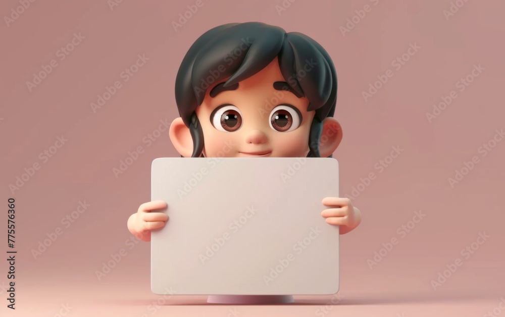 Cartoon character holding a blank sheet of paper on the blackboard. 3D display. Advertisement illustrations Cartoon character holding a blank sheet of paper on the blackboard. 3D display. Advertisement illustrations