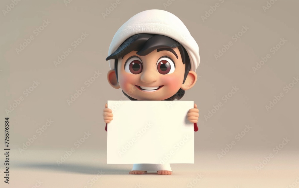 Cartoon character holding a blank sheet of paper on the blackboard. 3D display. Advertisement illustrations