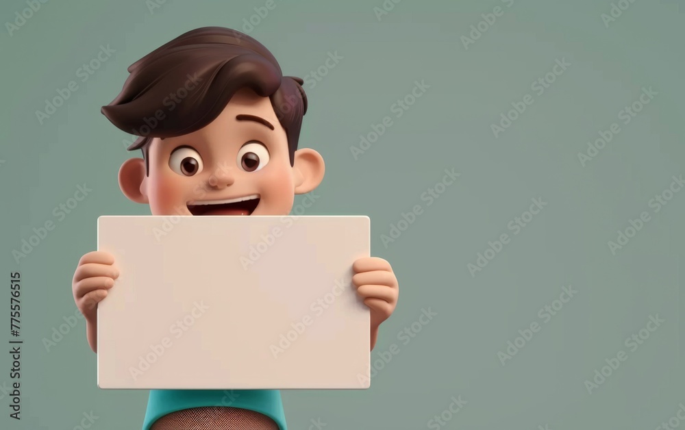Cartoon character holding a blank sheet of paper on the blackboard. 3D display. Advertisement illustrations Cartoon character holding a blank sheet of paper on the blackboard. 3D display. Advertisement illustrations