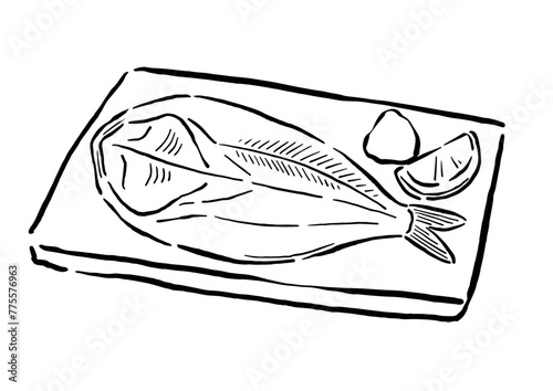 ほっけの干物の焼き魚　筆の線画イラスト