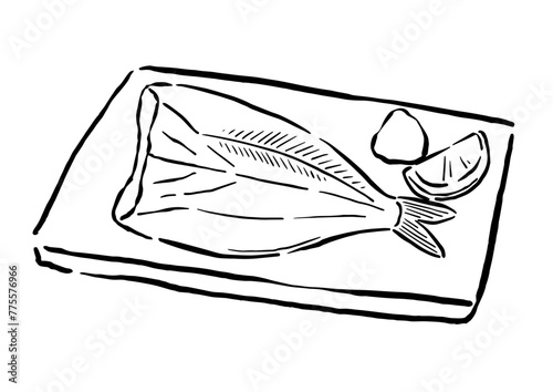 ほっけの干物の焼き魚　筆の線画イラスト