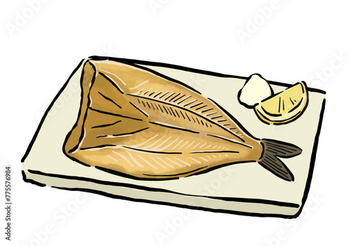 ほっけの干物　水彩風の筆の線画イラスト