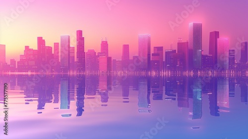 city skyline at sunset with reflection in style of synthwave. futuristic background.