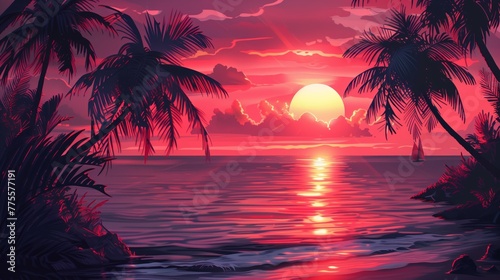 tropical sunset on the sea with palm trees in style of synthwave. futuristic background.