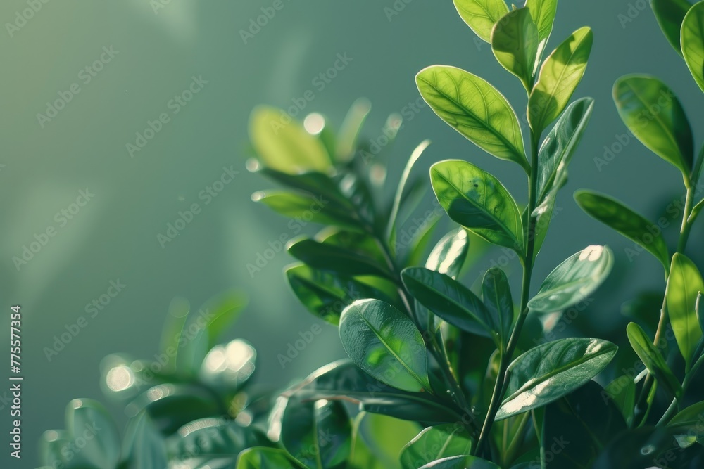 Close up view of zz plant on green background Close up view of zz plant on green background