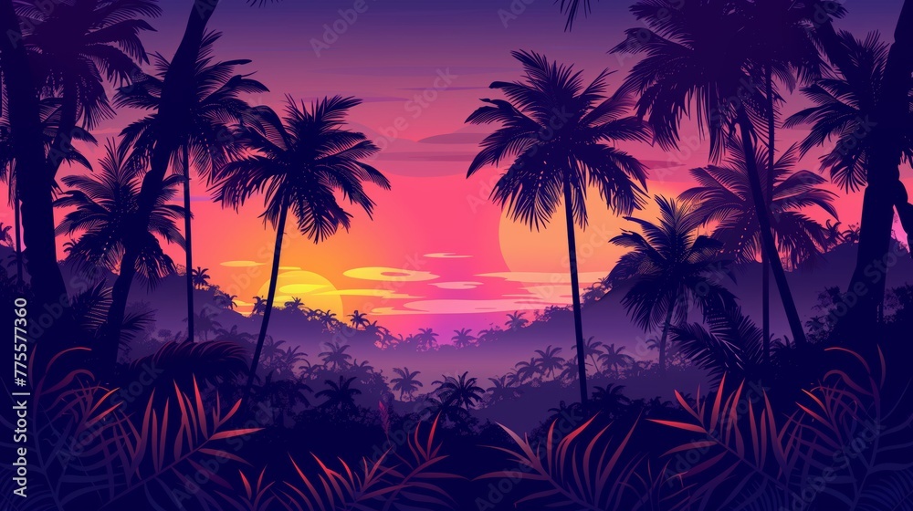 sunset over the palm trees. synthwave styled landscape. futuristic background.