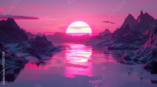 sunset over the mountains. synthwave styled landscape. futuristic background.