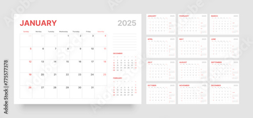 Monthly calendar template for 2025 year. Wall or desk calendar in a minimalist style. Diary planner for 2025 year. Week Starts on Sunday. 