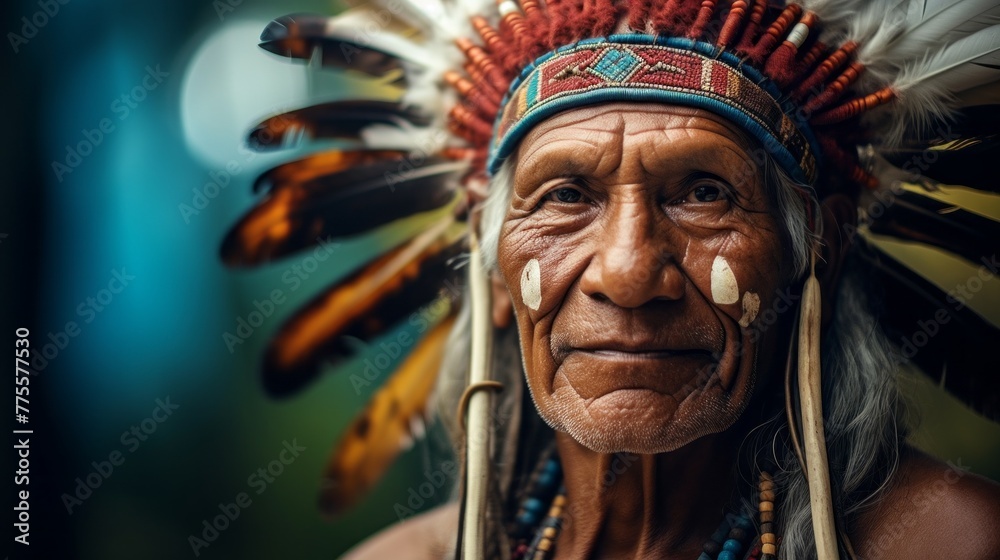 A close-up Portrait of a smiling Elderly American Indian Man from the Patax tribe in a feather headdress looks at the camera. The Diversity Of People On Earth.
