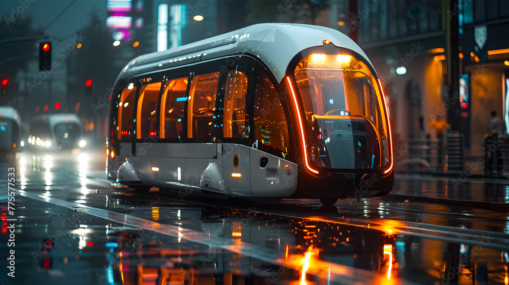 The Future Public Transportation, Journey Through Urban Landscapes with Hi-Tech Vehicles and Futuristic Shuttle Buses, Modern Concepts of Automation and Transport Innovative Systems.